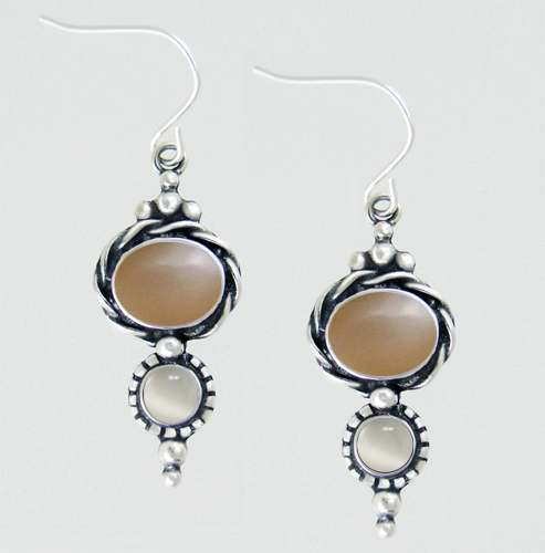 Sterling Silver Drop Dangle Earrings With Peach And White Moonstones